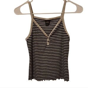 Gray Black Striped Tank Top Crop Spaghetti Strap Lettuce Trim V Neck Button Cami